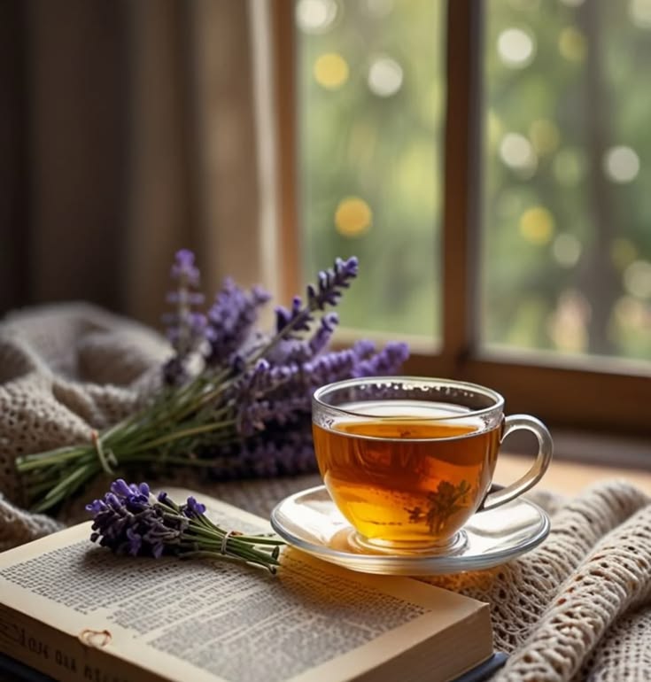 An open notebook and a cup of tea on a linen surface beside a small potted herb